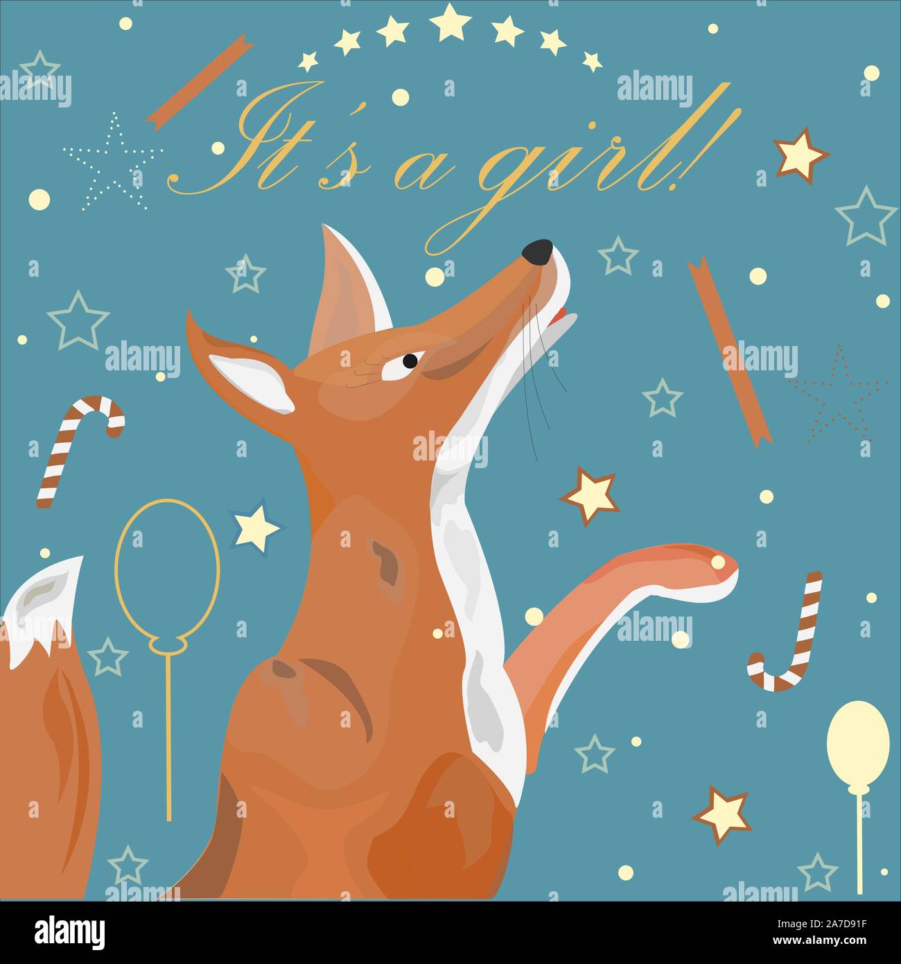 Baby Mädchen Geburt Ansage. Cute Fox verkündet die Ankunft eines Babys, Mädchen. Vector Illustration Stock Vektor