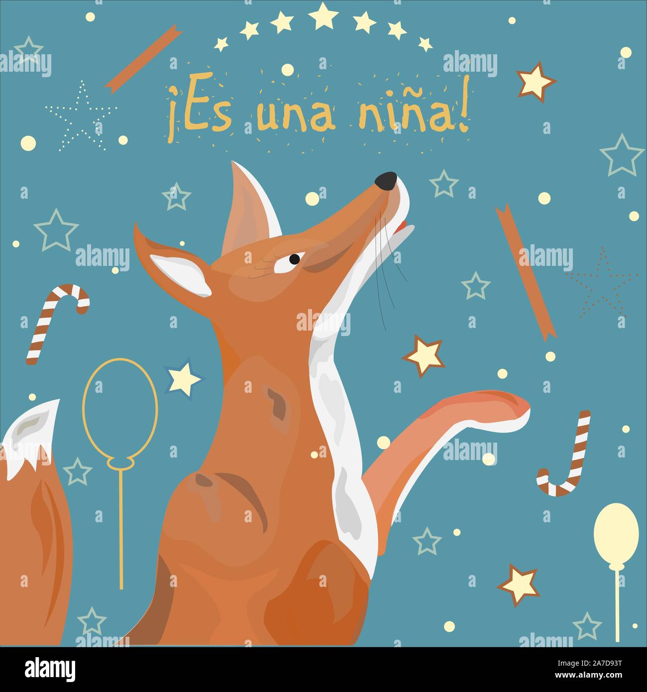 'Es una Nina" bedeutet "Es ist ein Mädchen" in Spanischer Sprache. Baby Mädchen Geburt Ansage. Cute Fox verkündet die Ankunft eines Babys, Mädchen. Vektor Illustratio Stock Vektor