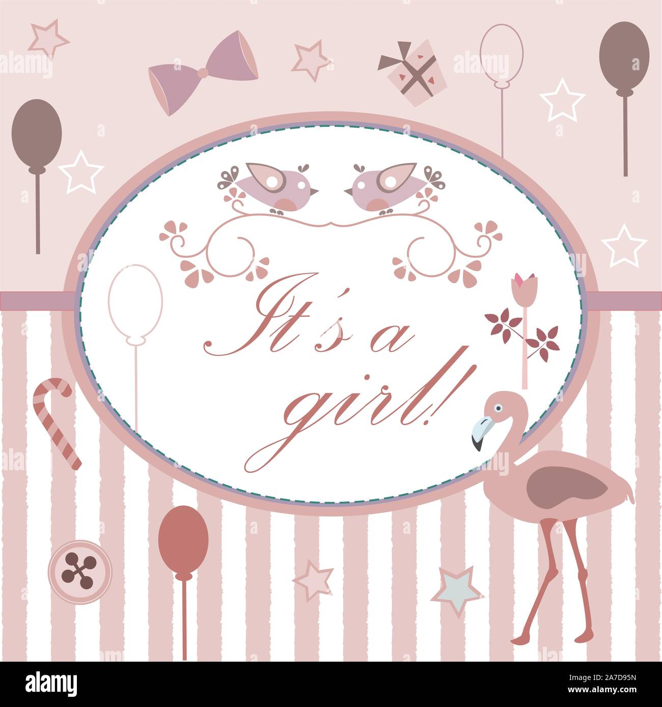 Baby Mädchen Geburt Ansage dusche Einladungskarte. Niedliche rosa Flamingo Vogel verkündet die Ankunft eines Babys, Mädchen. Card Design mit Streifen, festliche b Stock Vektor