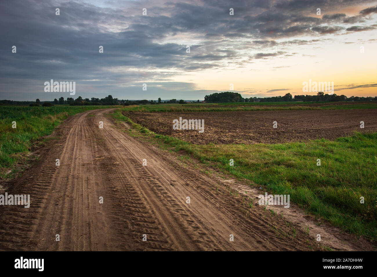 Braun, unbefestigte Straße durch Felder, Horizont und Wolken nach Sonnenuntergang Stockfoto
