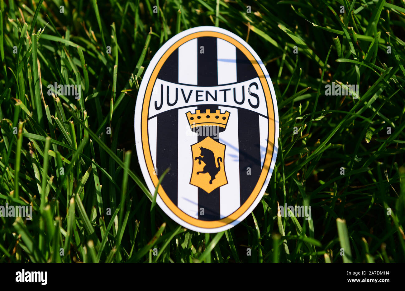 September 6, 2019 Istanbul, Türkei. Das Emblem der italienische Fußball-Club Juventus Turin auf dem grünen Rasen der Fußball-Feld. Stockfoto