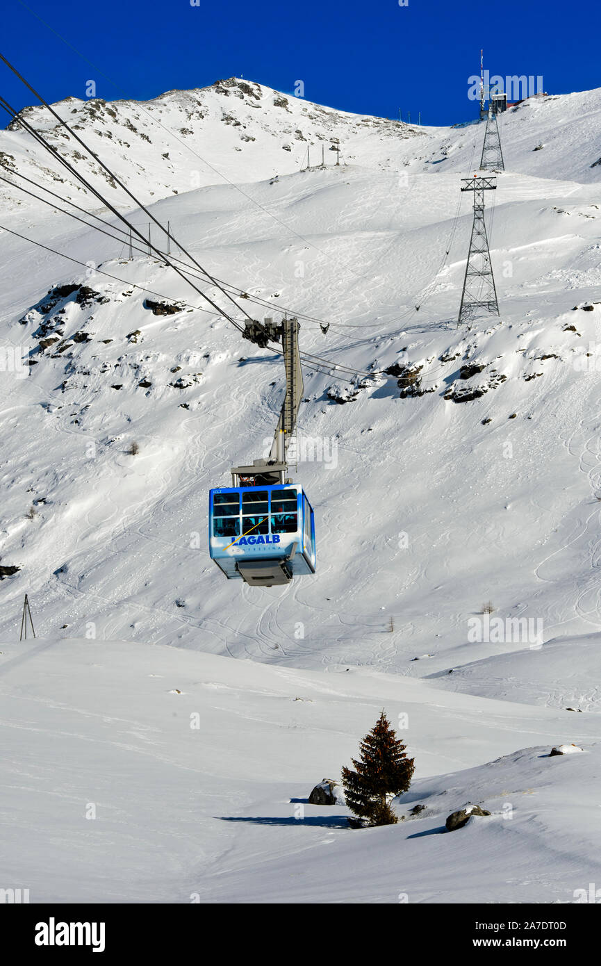 Seilbahn von Curtinatsch zu Gipfel Piz Lagalb, Skigebiet Diavolezza-Lagalb, Pontresina, Val Bernina, Engadin, Graubünden, Schweiz Stockfoto