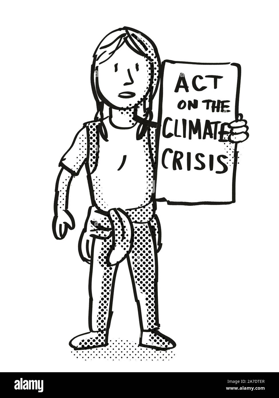 Cartoon Stil Abbildung: Ein junger Student oder Kind mit Plakat, wirken auf die Klimakrise protestieren zum Klimawandel in Schwarz und Weiß auf isol Stockfoto