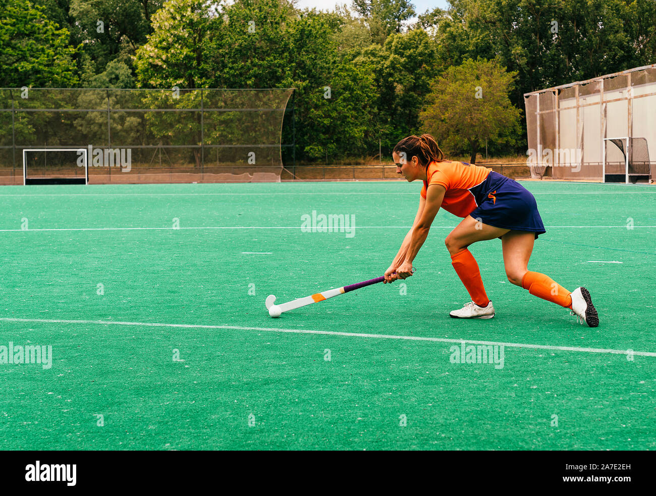 Weibliche hockey Spieler angreift und Schlagen auf eine Rasenfläche. Stockfoto