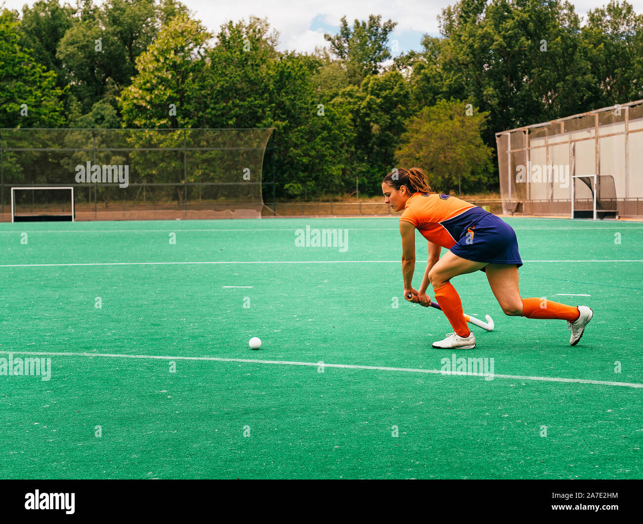 Weibliche hockey Spieler angreift und Schlagen auf eine Rasenfläche. Stockfoto