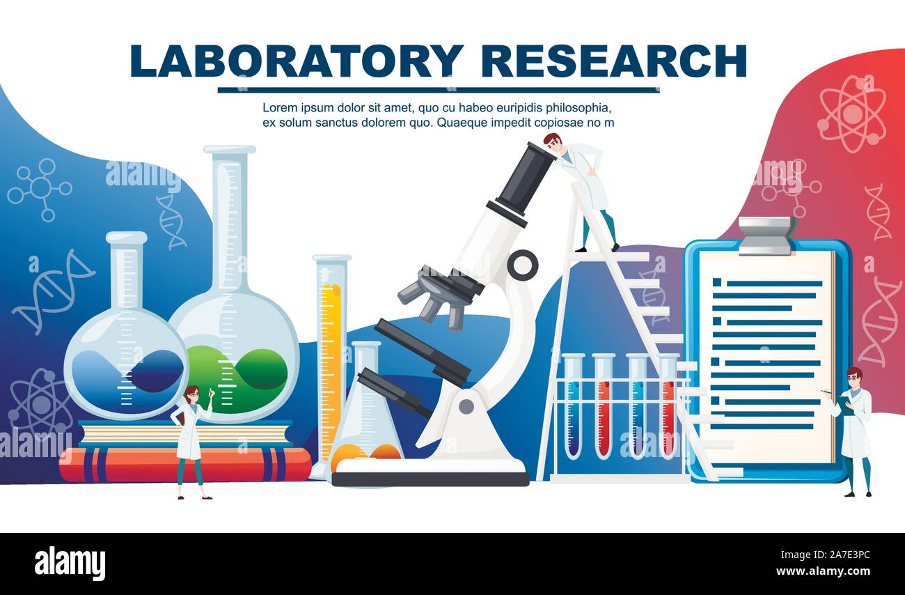 Chemie Labor abstrakt Design mit großen und kleinen Forscher Werbung Flyer Design flachbild Vector Illustration. Stock Vektor
