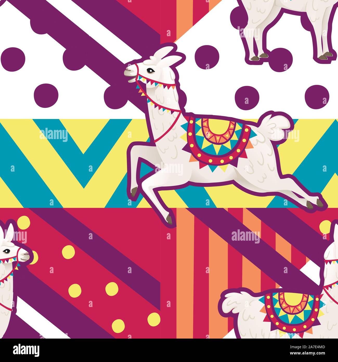 Nahtlose Muster cute Llama tragen dekorative Sattel mit Muster cartoon Animal design Flachbild Vector Illustration von der Seite. Stock Vektor