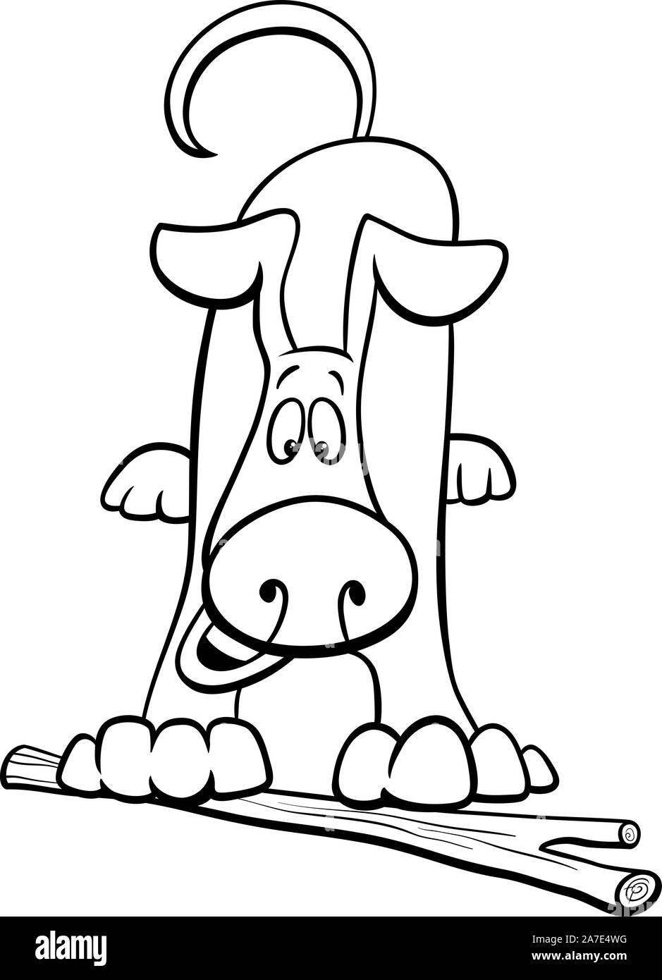 Schwarze und Weiße Cartoon Illustration von Happy brauner Hund Comic Tier Charakter spielen mit Stick Malbuch Seite Stock Vektor