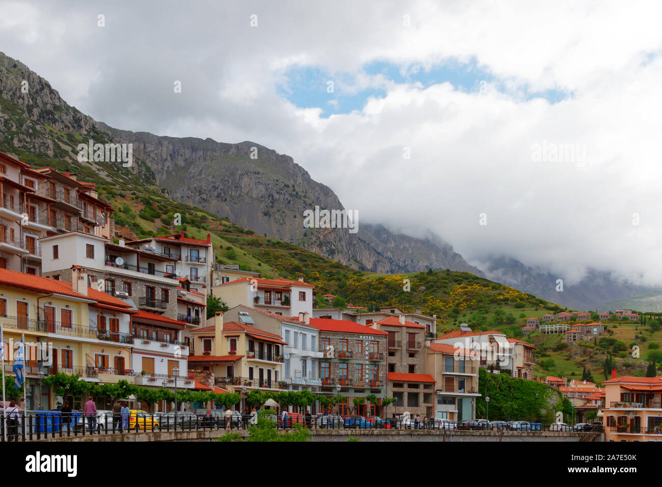 Die Stadt Arachova, beliebten Winter Resort in Griechenland, insbesondere für hochwertige Kundschaft. Stockfoto