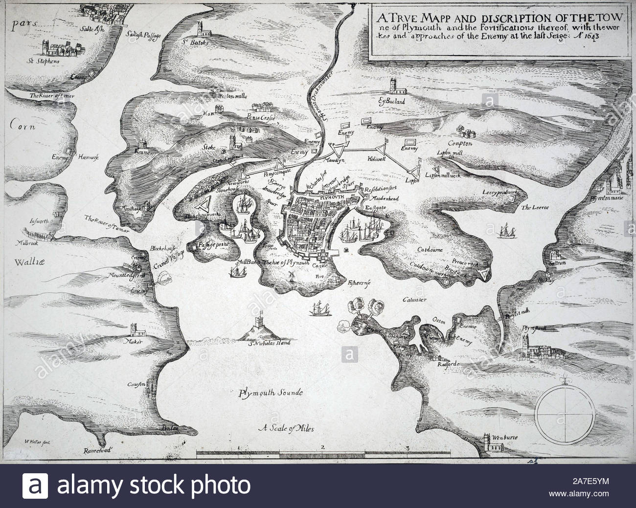 Vintage Karte von der Belagerung von Plymouth, die während der Englischen Bürgerkrieg, in den Hafen von Plymouth, Devon, England war von August 1642 bis Januar 1646 belagerten die royalistischen Truppen König Charles I, Radierung von Böhmische Kupferstecher Wenzel Hollar aus 1600 nahm Stockfoto