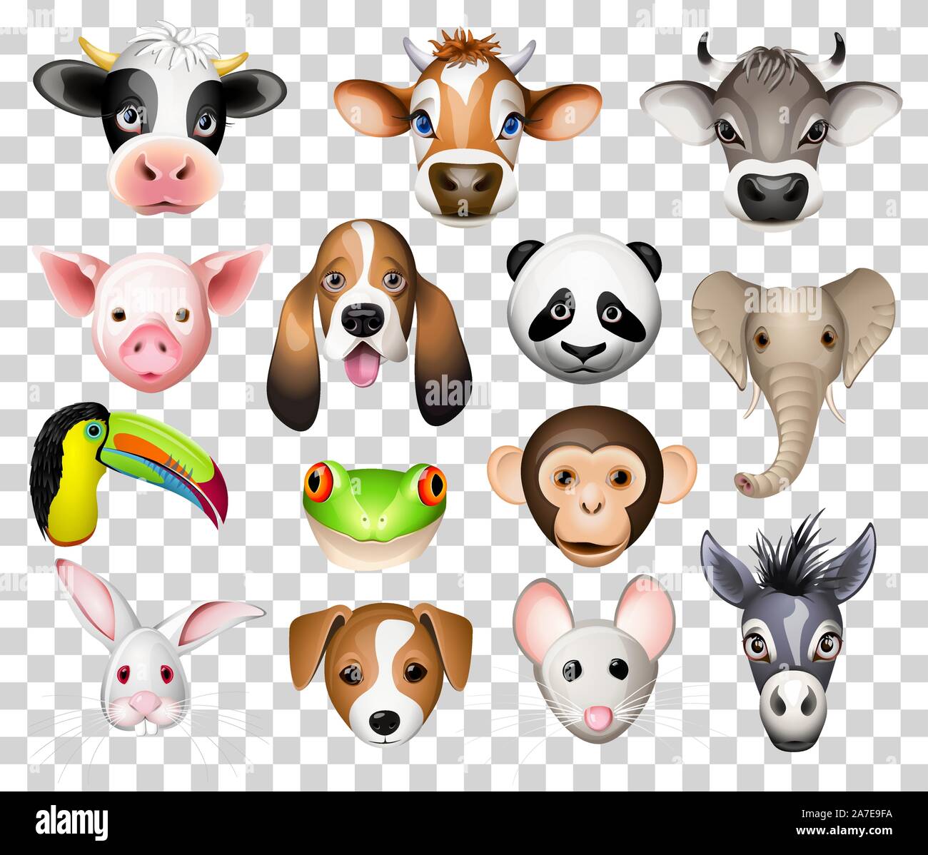 Abbildung der Cartoon Tiere mit Kuh, Schwein, Basset Hund, Panda, Elefant, Toucan, Frosch, Esel, Kaninchen, Maus und Esel Stock Vektor