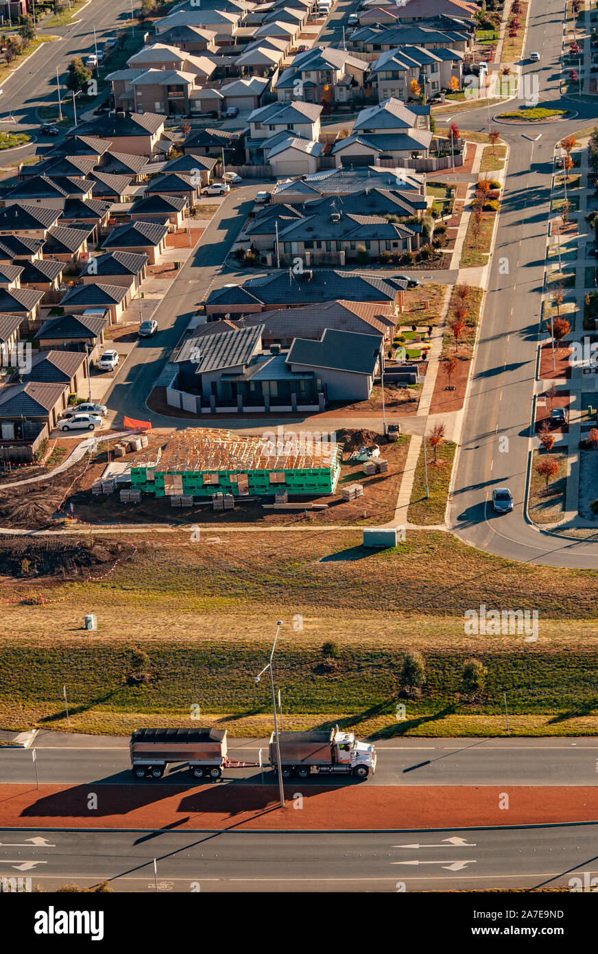 Luftaufnahme über Canberra, ACT, Australia der Wohnungsbau. Von einem Heißluftballon genommen Stockfoto