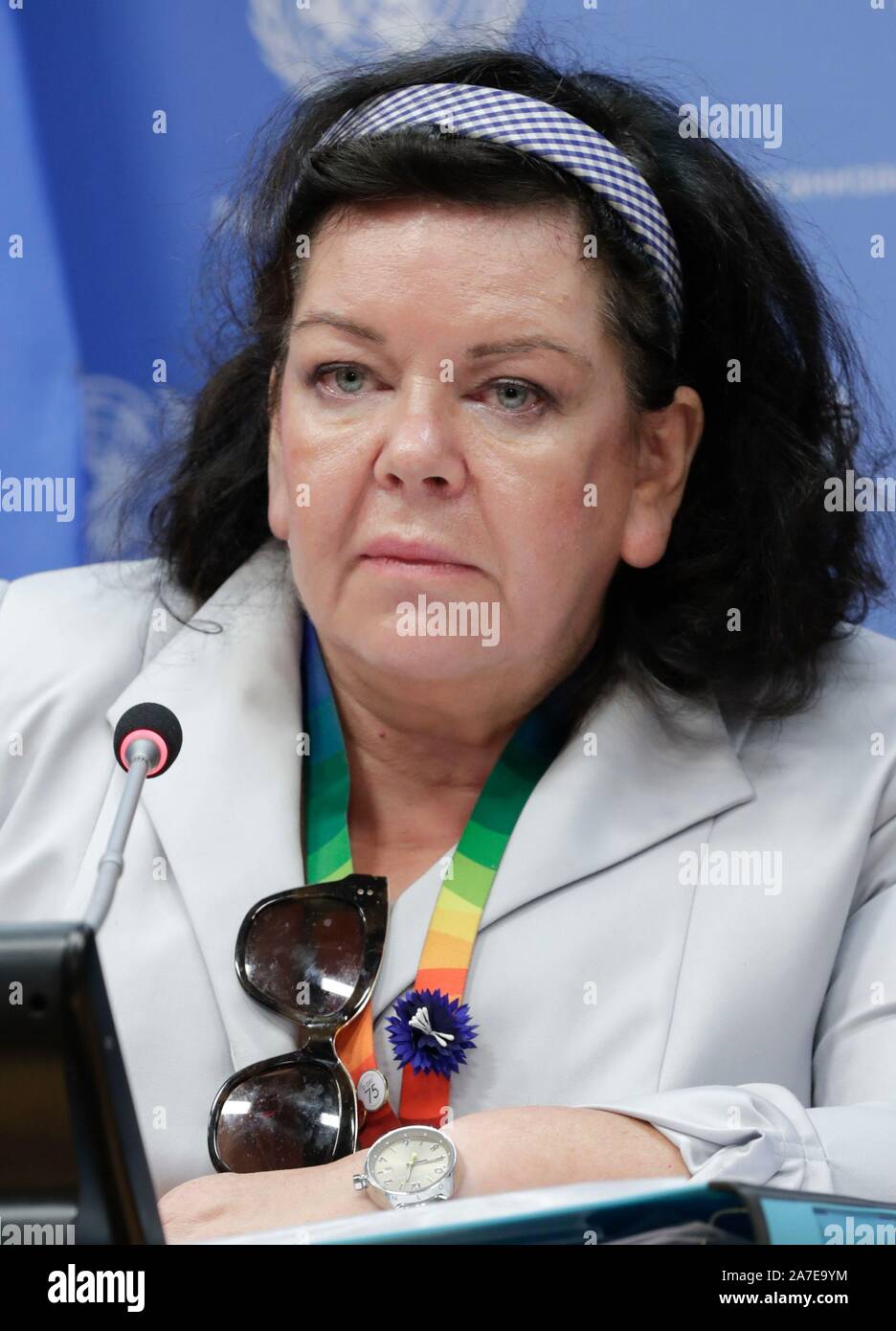 Vereinten Nationen, New York, USA, November 01, 2019 - Karen Pierce, Ständiger Vertreter des Vereinigten Königreichs zu den Vereinten Nationen und dem Präsidenten des Sicherheitsrats für den Monat November, Slips Journalisten auf dem Programm der Arbeiten des Rates für den Monat heute am Hauptsitz der Vereinten Nationen in New York. Foto: Luiz Rampelotto/EuropaNewswire PHOTO CREDIT OBLIGATORISCH. | Verwendung der weltweiten Kredit: dpa Picture alliance/Alamy leben Nachrichten Stockfoto