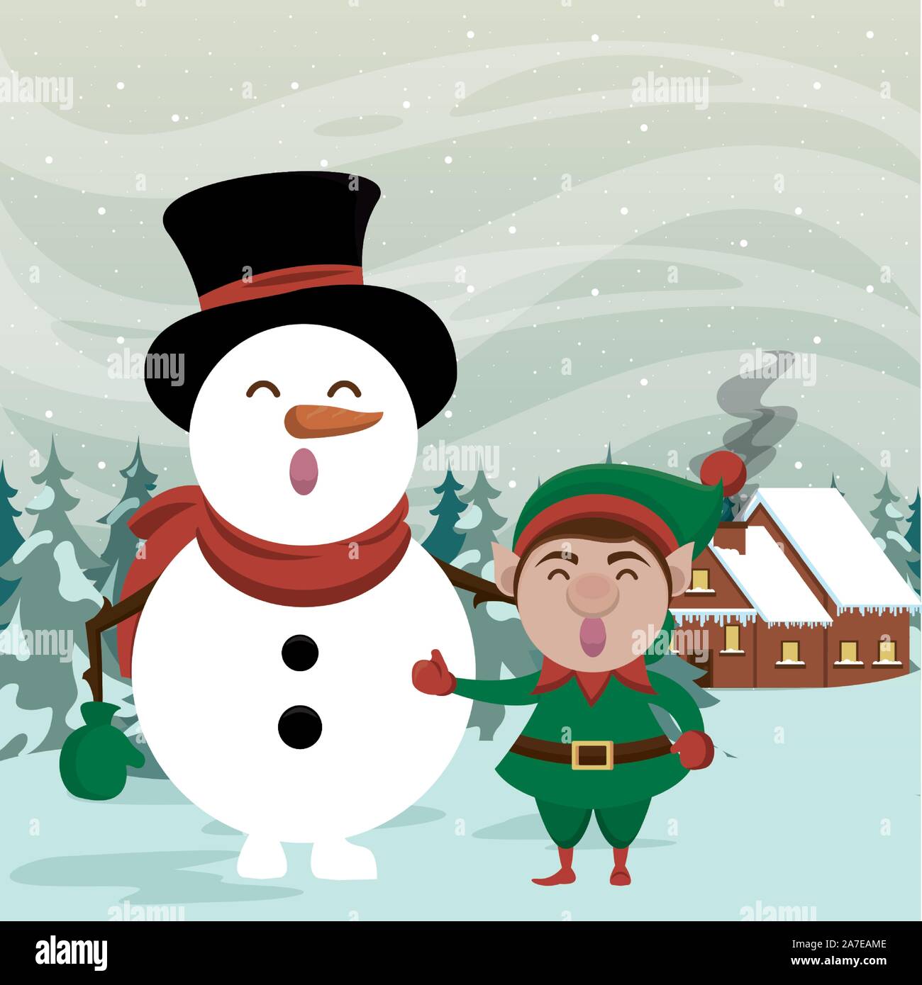 Weihnachten snowscape Szene mit Schneemann Stock Vektor