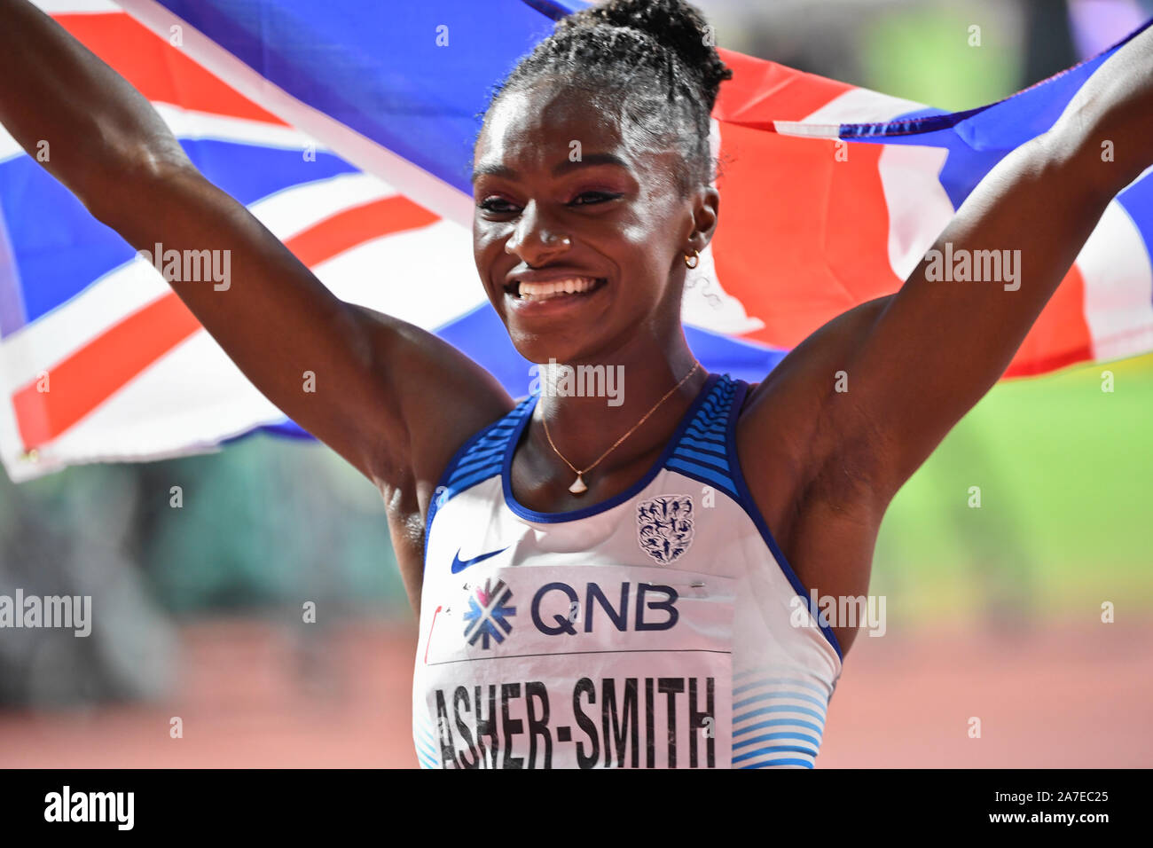 Dina Asher-Smith (Großbritannien). 200 m Goldmedaille. IAAF Leichtathletik WM, Doha 2019 Stockfoto