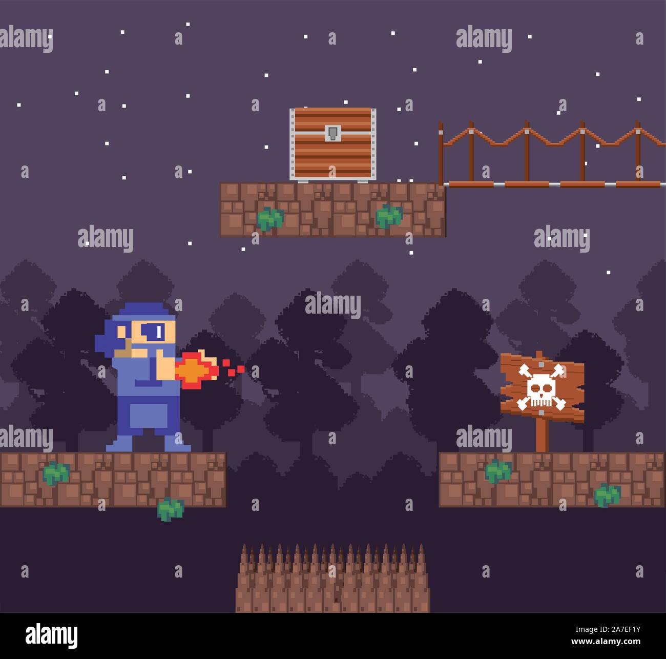 Video Game warrior Shooting in pixelated Szene Stock Vektor