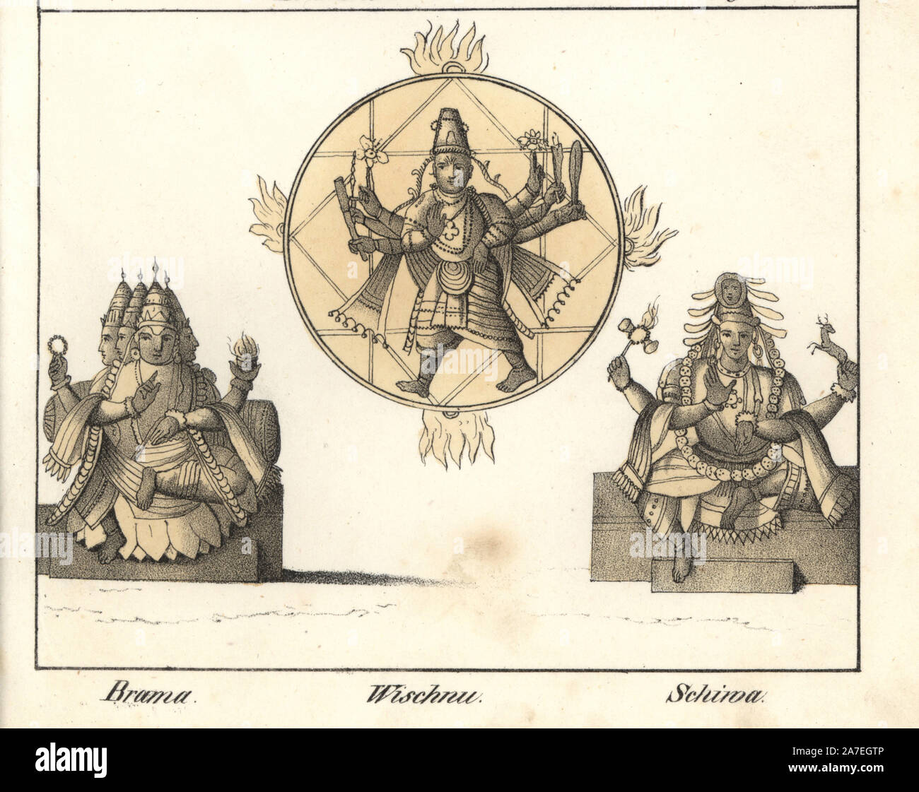 Statuen von hinduistischen Götter Brahma, Vishnu und Shiva. Papierkörbe Lithographie von Friedrich Wilhelm Goedsche's 'Vollstaendige Völkergallerie in getreuen Abbildungen' (komplette Galerie der Völker in der Wahren Bilder), Meißen, ca. 1835-1840. Goedsche (1785-1863) war ein deutscher Schriftsteller, Buchhändler und Verleger in Meißen. Viele der Illustrationen wurden von bertuch's 'Bilderbuch pelz Kinder" und anderen angepasst. Stockfoto