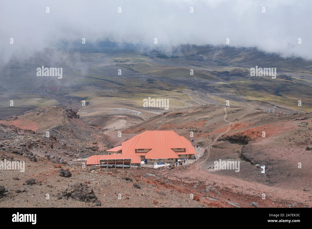 Anzeigen von Jose Rivas Zuflucht auf den Vulkan Cotopaxi, Cotopaxi Natioanal Park, Ecuador Stockfoto