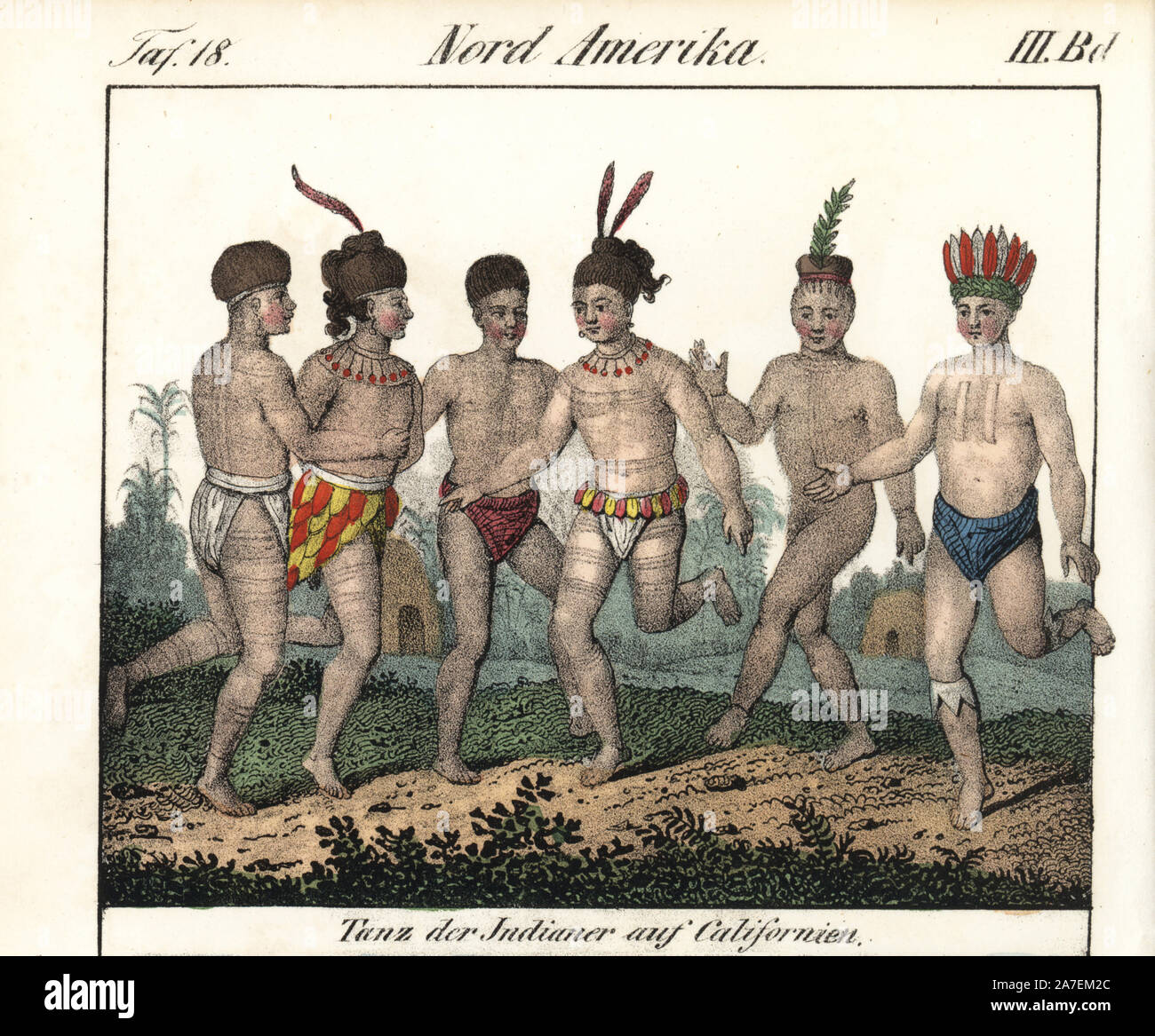 Tanz der Ohlone Menschen in Federn und bodypaint in Ton, Kohle und Kreide aus der Mission San Jose, Kalifornien. Papierkörbe Lithographie von Friedrich Wilhelm Goedsche's 'Vollstaendige Völkergallerie in getreuen Abbildungen' (komplette Galerie der Völker in der Wahren Bilder), Meißen, ca. 1835-1840. Goedsche (1785-1863) war ein deutscher Schriftsteller, Buchhändler und Verleger in Meißen. Stockfoto