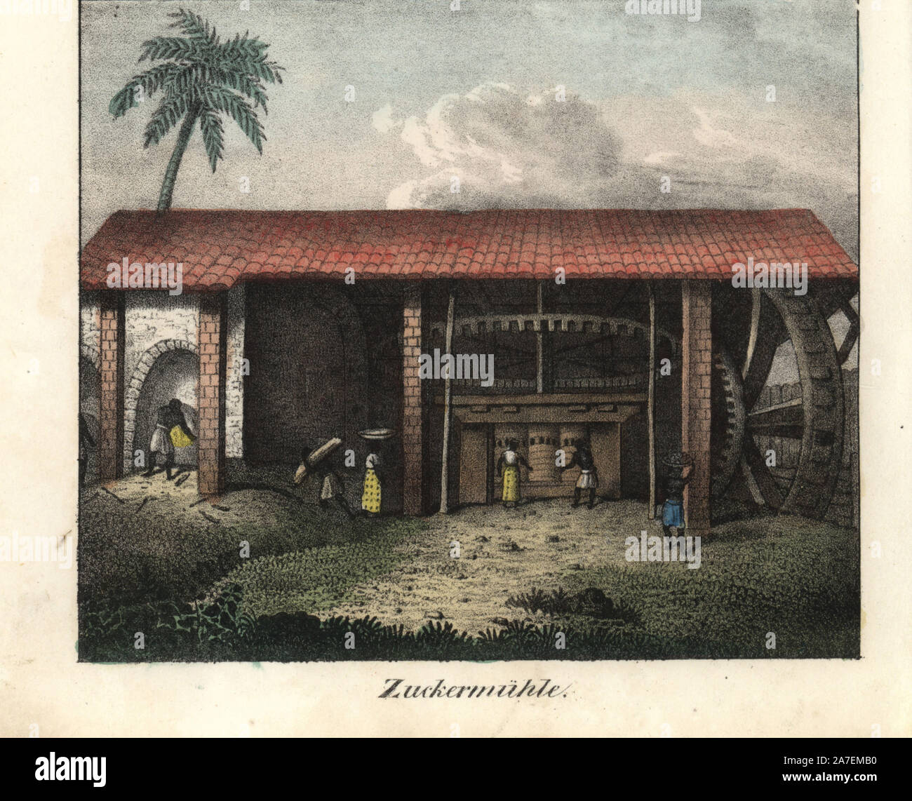 Sklaven bringen Rohstoffe Zuckerrohr zwischen riesigen Bügeleisen Walzen in einer Zuckerfabrik auf einer Plantage in Brasilien zu drücken. Papierkörbe Lithographie von Friedrich Wilhelm Goedsche's 'Vollstaendige Völkergallerie in getreuen Abbildungen' (komplette Galerie der Völker in der Wahren Bilder), Meißen, ca. 1835-1840. Goedsche (1785-1863) war ein deutscher Schriftsteller, Buchhändler und Verleger in Meißen. Stockfoto