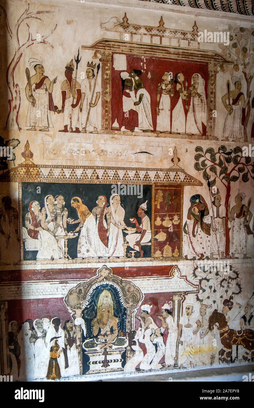 Einen Abschnitt einer unglaublich detaillierten Wandbild an der alten Tempel von mulkirigala in der südlichen Provinz von Sri Lanka. Stockfoto