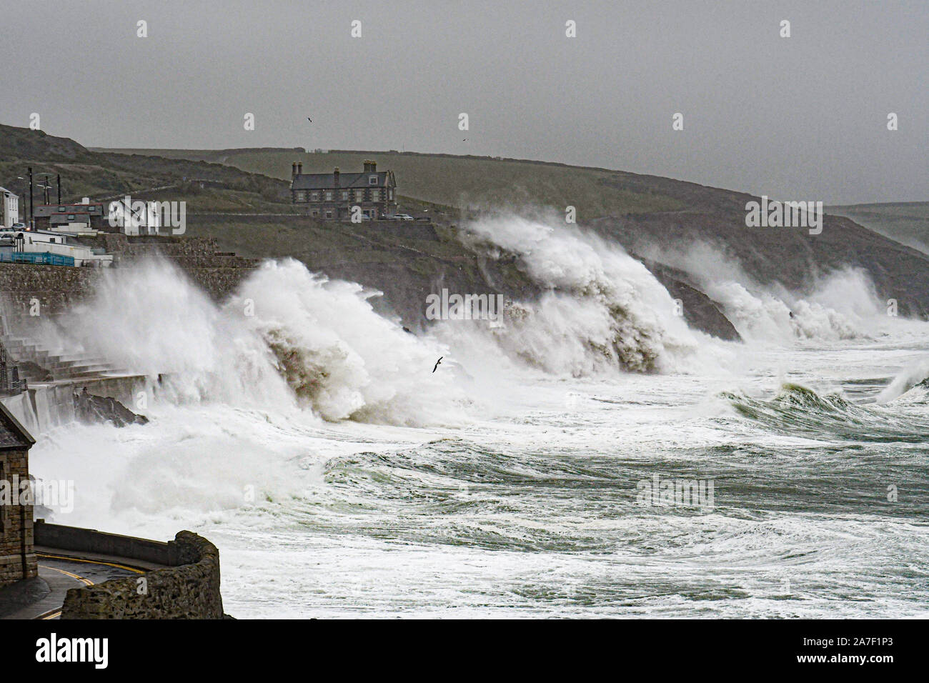 Camborne, Cornwall, England. 2. Nov 2019. UK Wetter. Winde, 100 mph in Cornwall wurde heute Morgen mit weit verbreiteten Schäden an Bäumen, und über 2000 Häuser ohne Strom. Die Küste bei Porthleven nahm ein Zerschlagen von riesigen Wellen. Kredit Simon Maycock/Alamy leben Nachrichten Stockfoto