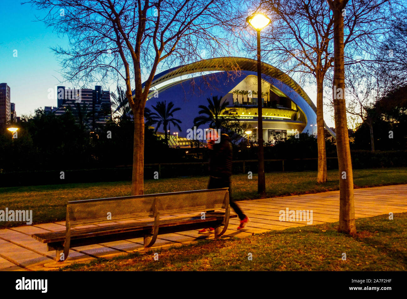 Turia Park Valencia Stadt der Künste und Wissenschaften, ein Mann läuft im Dämmerungsgarten, Valencia Spanien Stockfoto