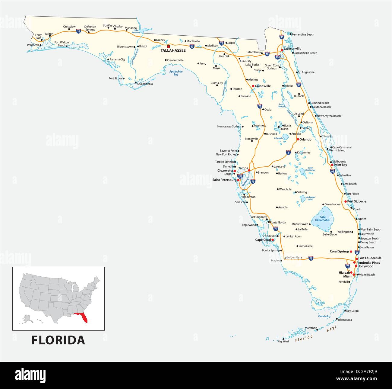 Straßenkarte des US-amerikanischen Bundesstaates Florida Stock Vektor