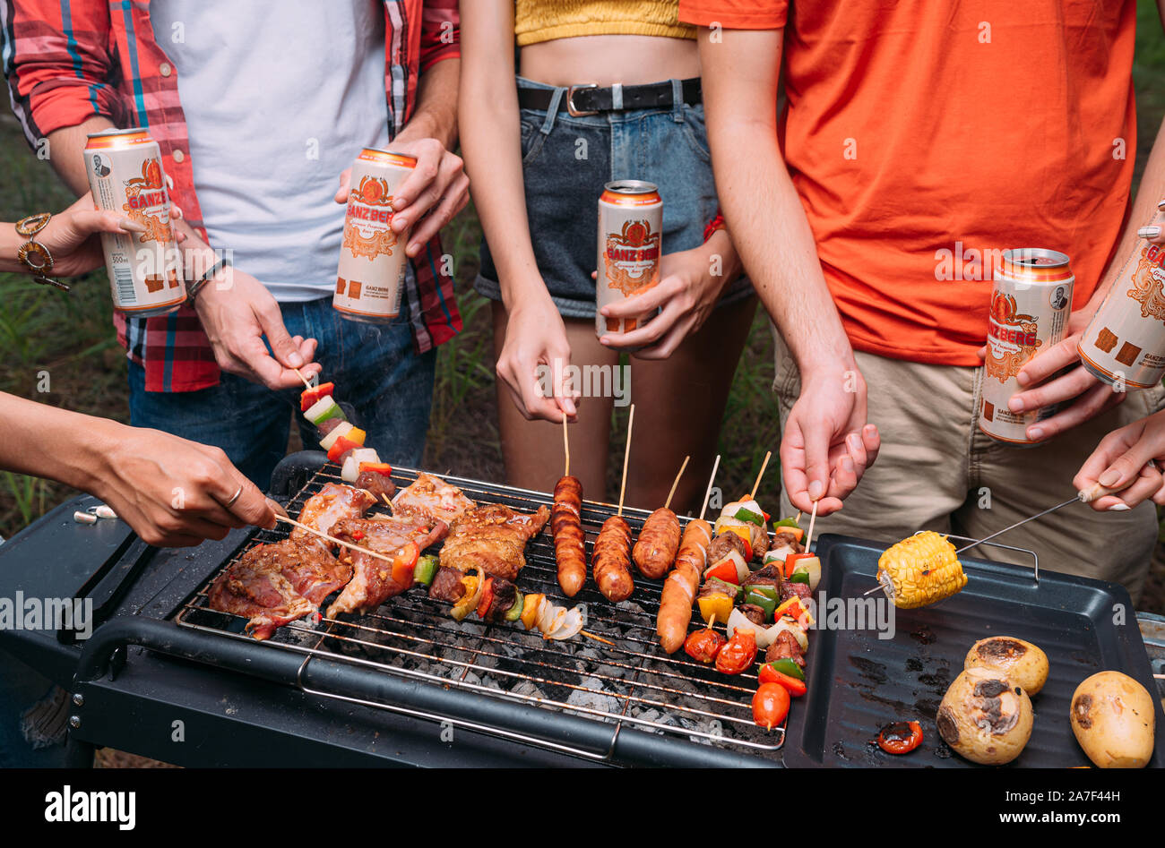 Gerne Zeit mit Freunden ein Picknick Party und Grillen am Wochenende Stockfoto
