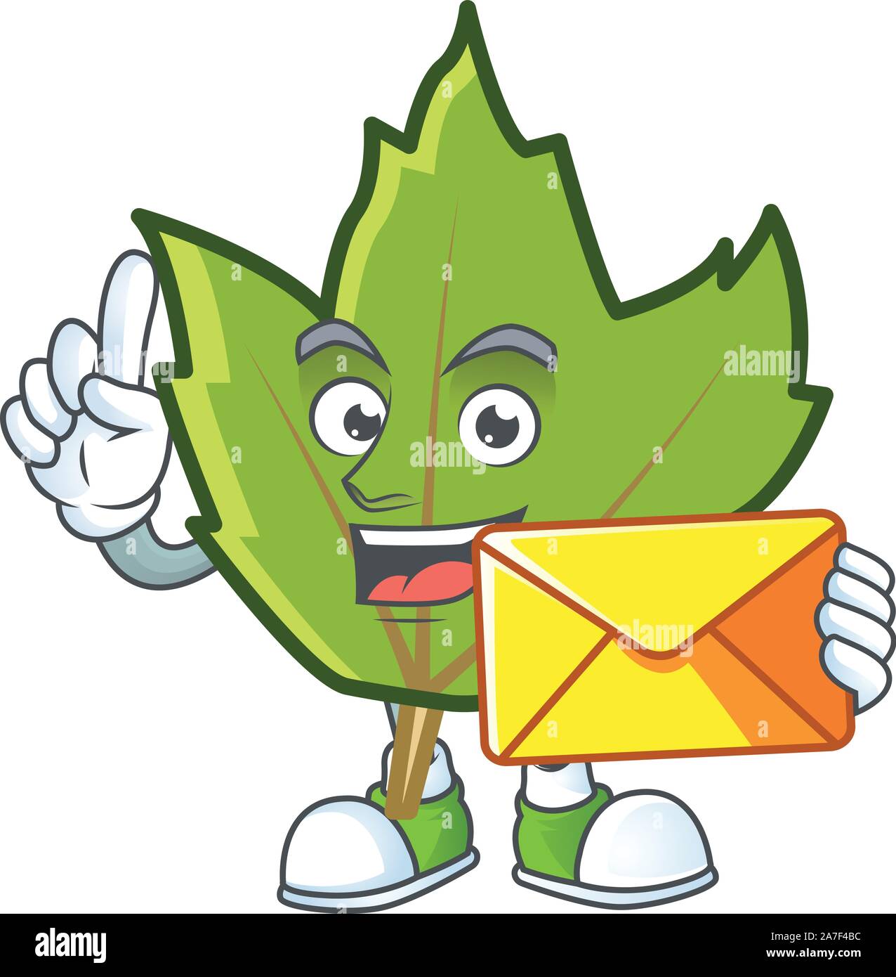 Cartoon grüne Blätter im Herbst design Maskottchen Umschlag bringen. Stock Vektor