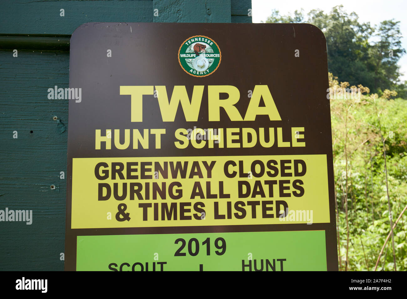 Twra Tennessee Wildnis-Betriebsmittel agentur Jagd Zeitplan zeichen Oak Ridge Tennessee USA Stockfoto