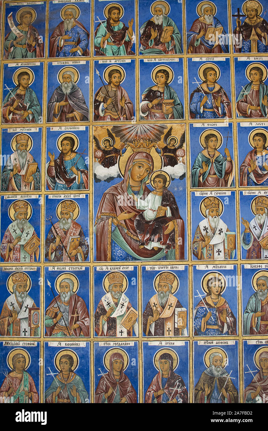 Religiöse Fresken an der Abhandlungen aus der Bibel, der Kirche an der Wand in Rila Kloster gemalt, Bulgarien Stockfoto
