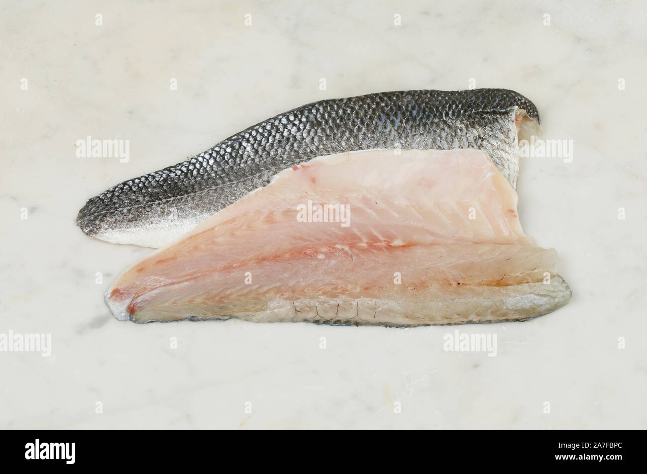 Raw Wolfsbarsch Fischfilets auf einer Marmorplatte Stockfoto