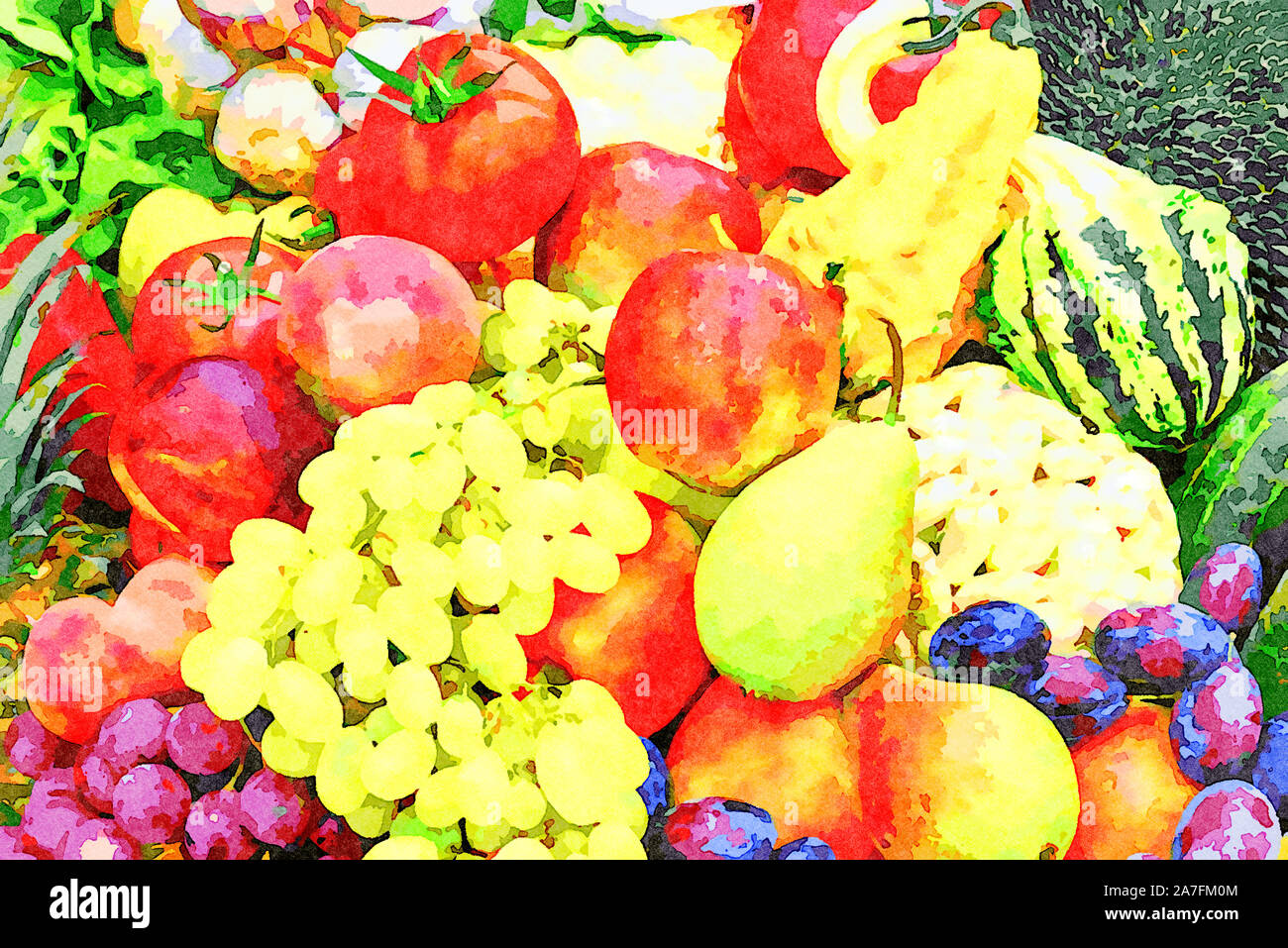 Digitale Kunst Malerei Leinwand - verschiedene organische Produkte Ausstellung von frischem Gemüse und Früchten (Aquarell) Stockfoto