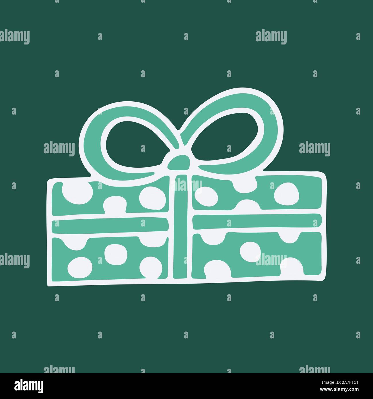 Vektor Hand gezeichnet doodle Abbildung: Rechteck Weihnachten Geschenkverpackung. Neues Jahr und Weihnachten in grün gepunktete Geschenkpapier mit Schleife. Desig Stock Vektor