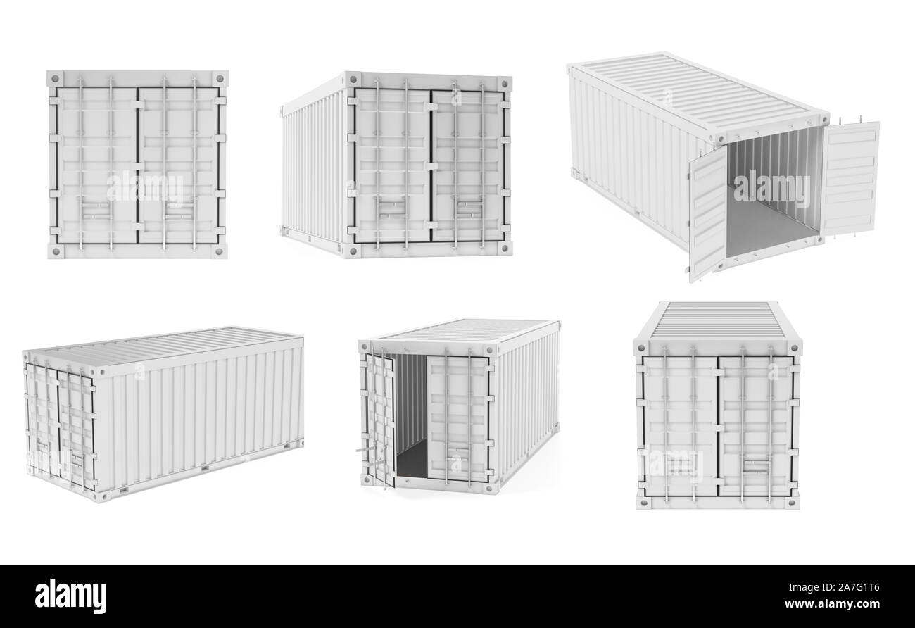 Liefer- Containern. Weiß intermodalen Container gesetzt. 3D Rendering Illustration auf weißem Hintergrund Stockfoto