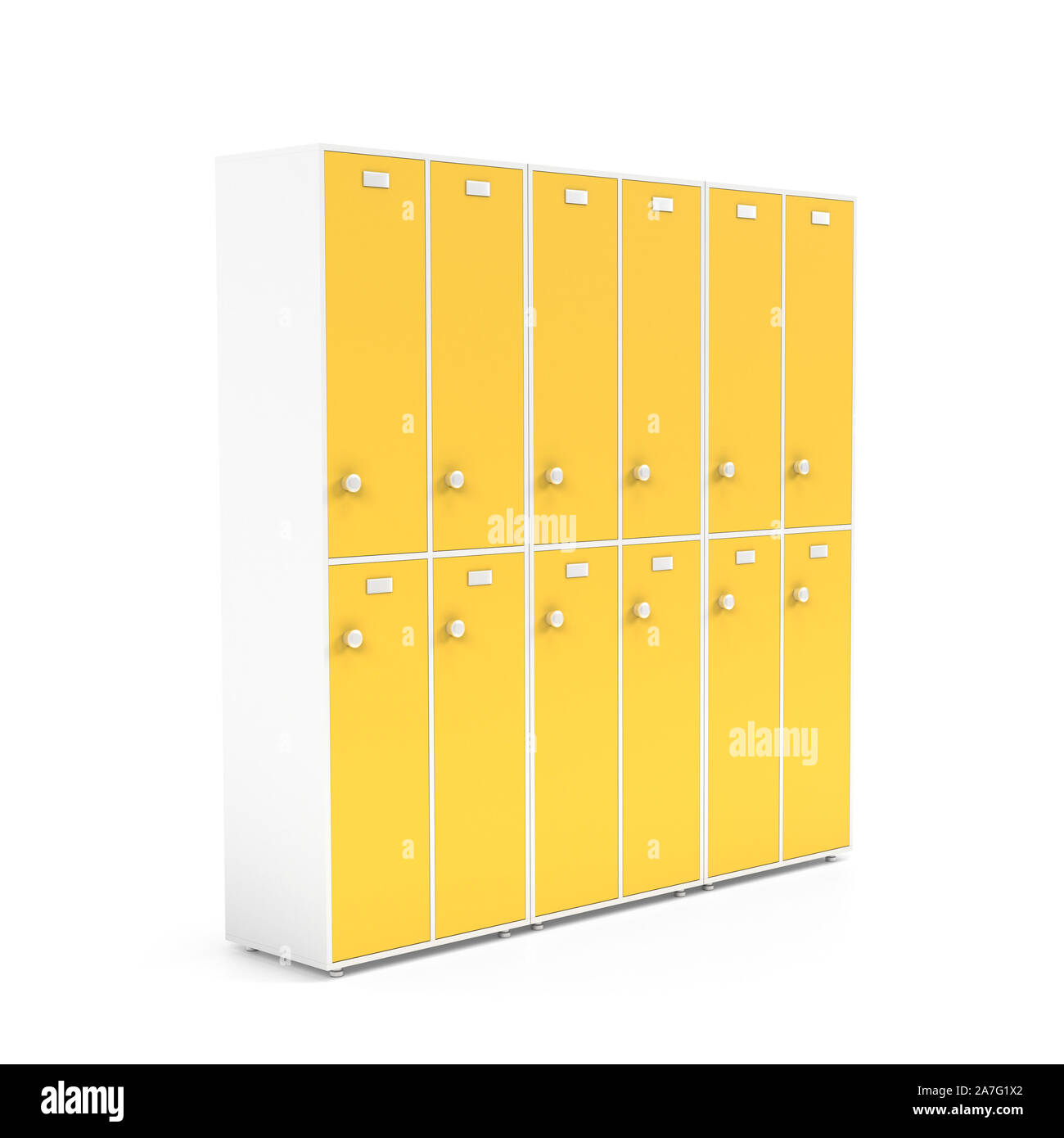 Gelbe Schränke mit verschlossenen Türen. Zwei Zeile Abschnitt der Schließfächer für schoool oder Fitnessraum. 3D Rendering Illustration auf weißem Hintergrund Stockfoto
