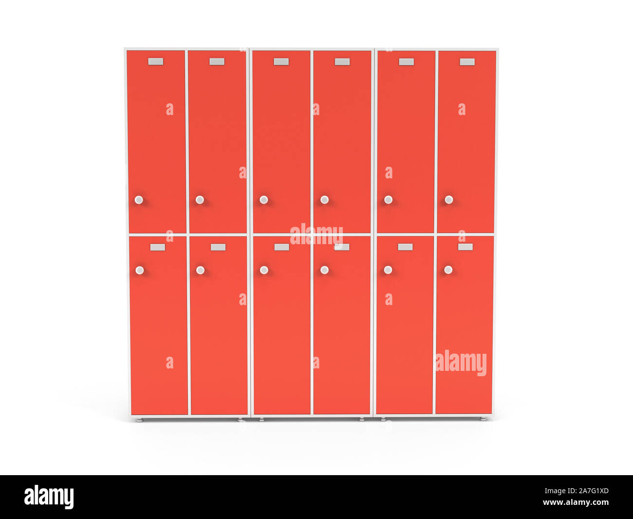 Red Schließfächer mit verschlossenen Türen. Zwei Zeile Abschnitt der Schließfächer für schoool oder Fitnessraum. 3D Rendering Illustration auf weißem Hintergrund Stockfoto