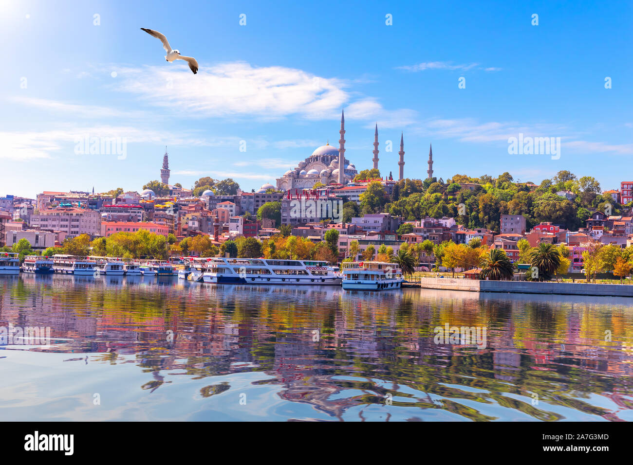 Blick auf die Suleymaniye Moschee vom Eminonu Pier, Istanbul Stockfoto