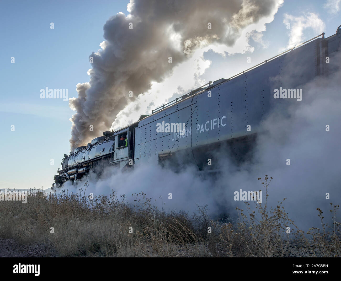 Die Feier des 150. Jahrestages der transkontinentalen Eisenbahn, Union Pacific historischen Big Boy Lokomotive Nr. 4014 tourt durch die USA. Stockfoto