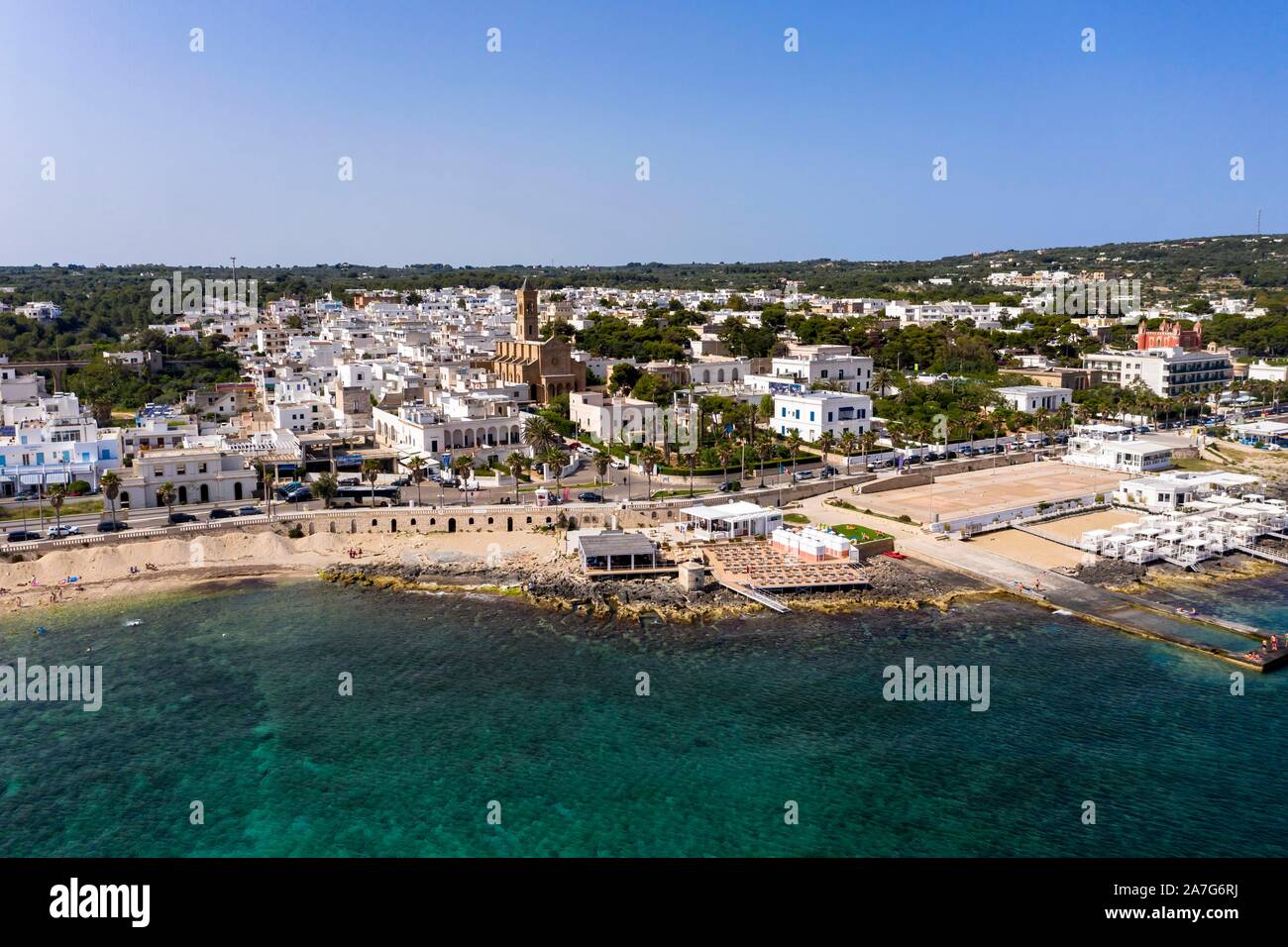 Luftaufnahme, Blick auf die Stadt mit Strand, Santa Maria di Leuca, Provinz Lecce, Halbinsel Salento, Apulien, Italien Stockfoto