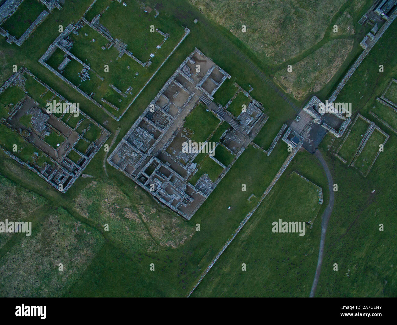 Luftaufnahme von Housesteads Roman Fort auf der Hadrianswall in Northumberland, England, UK. Es ist die am besten erhaltene römische Festung auf den Britischen Inseln Stockfoto