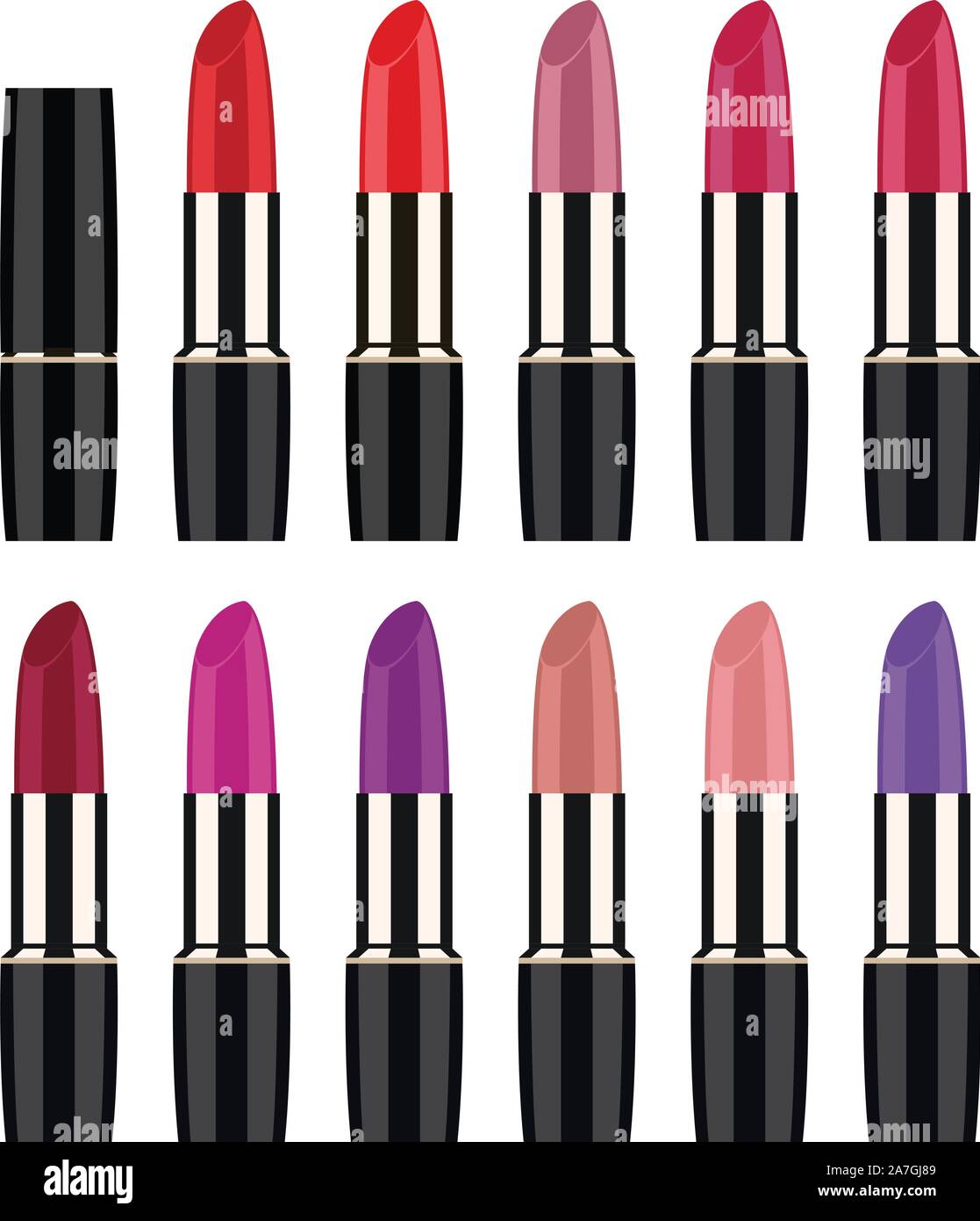 Vektor Make-up-Set auf weißem Hintergrund. Farbenfrohe geschlossen lipstick Tube und öffnete Lippenstifte. flachbild Lippenstift Symbole Stock Vektor