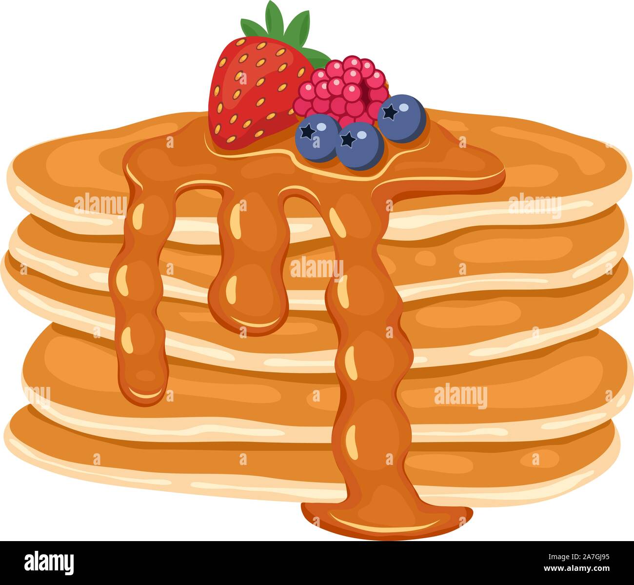 Vektor Pfannkuchen auf weißem Hintergrund stack. Stapel Pfannkuchen mit Erdbeeren, Himbeeren und Heidelbeeren Beeren, Honig und Butter auf. Morgen Stock Vektor