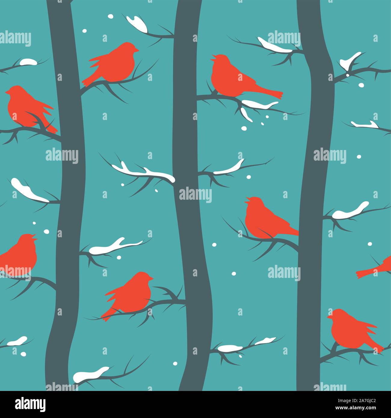 Vektor nahtlose, sich wiederholendes Muster mit Vögel und Bäume. Winter Dekoration mit roter Vogel Symbole, Baumstämme und Schnee für ein frohes neues Jahr und mir Stock Vektor