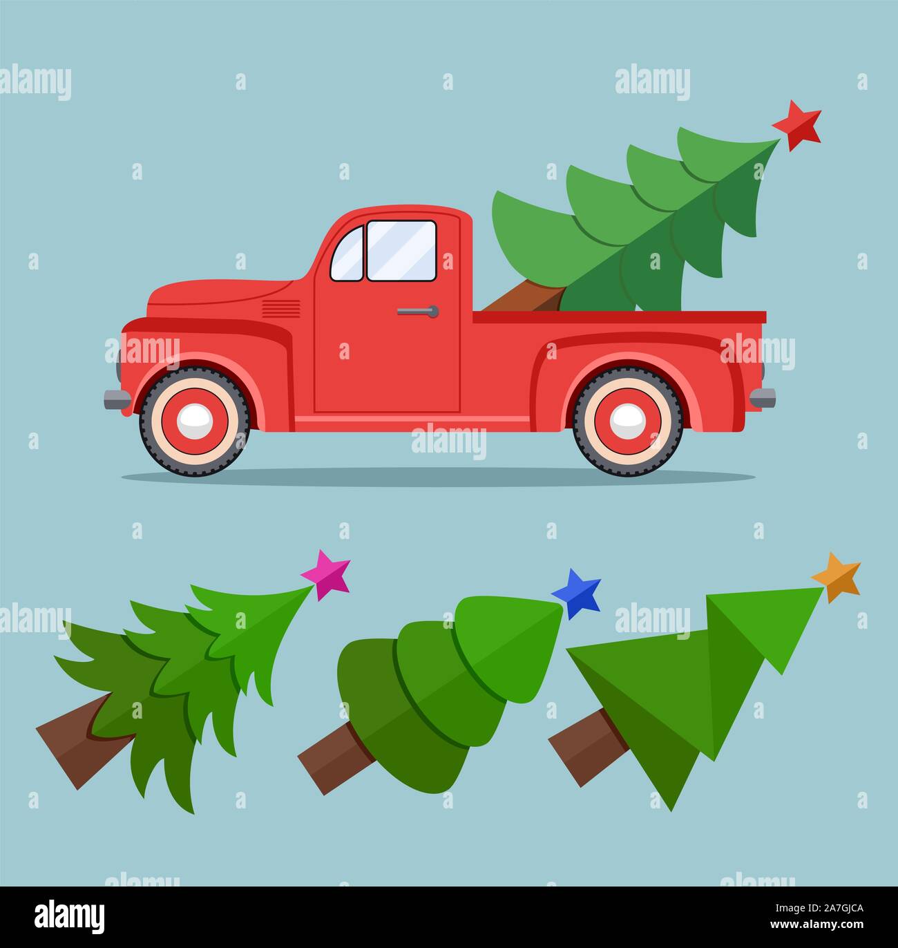 Vector vintage Pickup truck Lieferung der Weihnachtsbaum. alten roten Auto Urlaub mit Tannenbaum und zusätzliche Bäume für Retro Karten, frohes neues Jahr und m Stock Vektor