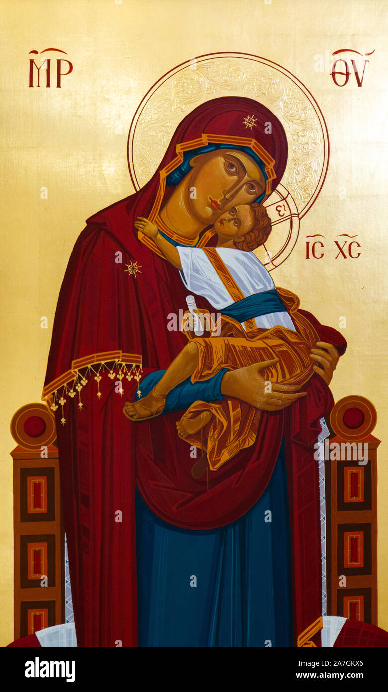 Ikone der Jungfrau eleusa ähnlich der Gottesmutter von Wladimir (Memory). Die griechisch-katholische Kirche in Lomnica, Vranov na Toplou, Slowakei. Stockfoto