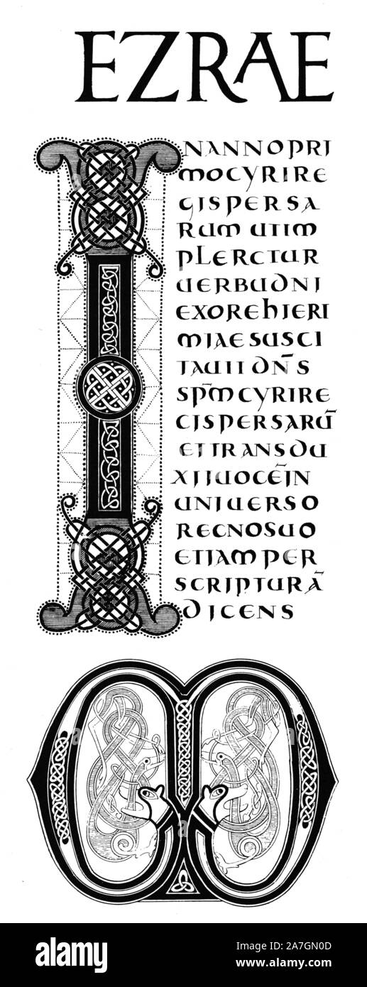Die initialen I und W aus der zweiten Bibel Karls des Kahlen, Manuskript, nach 865, carlovingian. Monogramme und Alphabete. Stockfoto