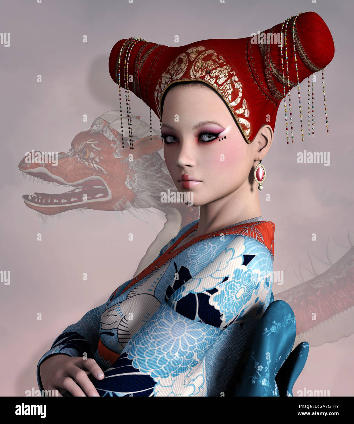 Krieger Frauen Reihe: Schöne Nahaufnahme von einer Frau im Kimono auf Dragon Hintergrund Stockfoto
