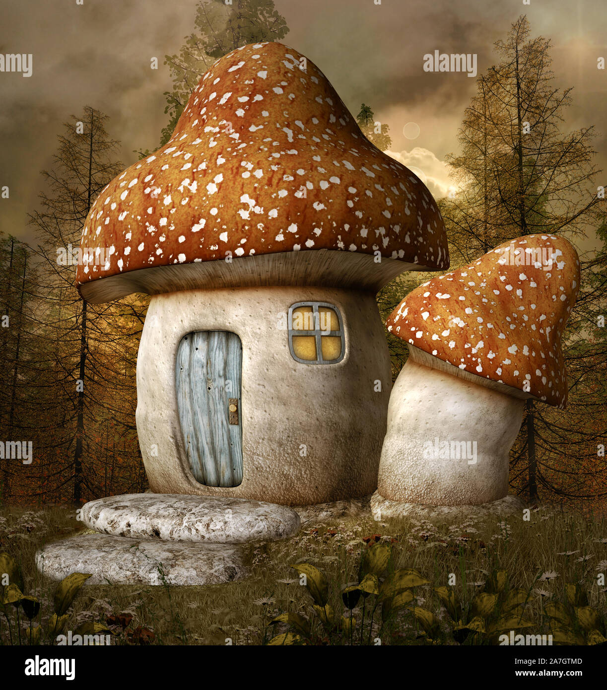 Mushroom Haus in der nebligen Wald Stockfoto